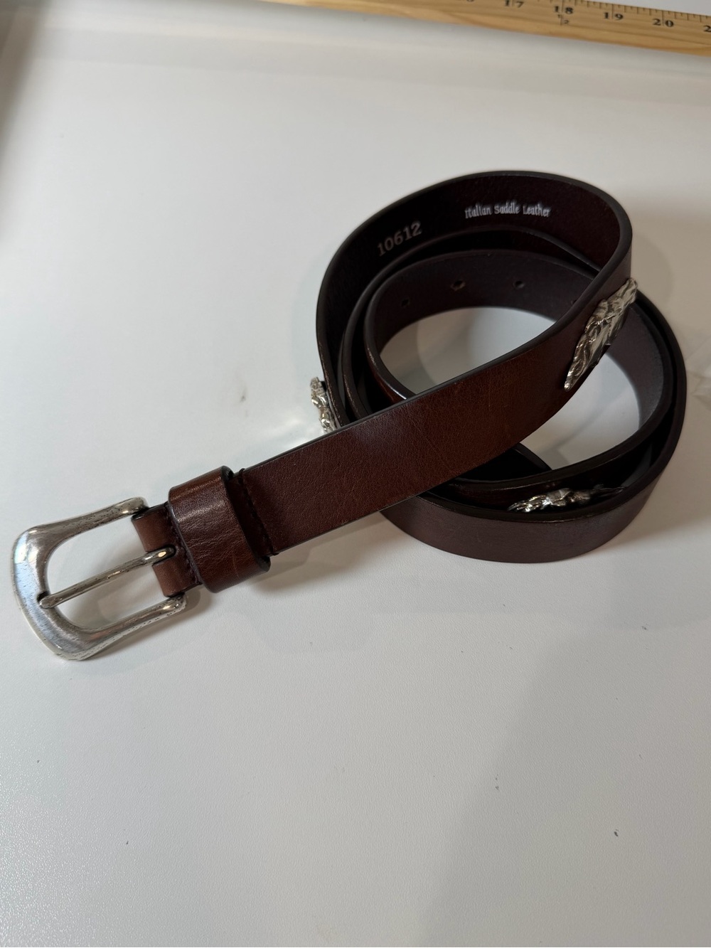 Duck Head Size 42 Dark Brown Italian Saddle Leather Belt with Silver Horses